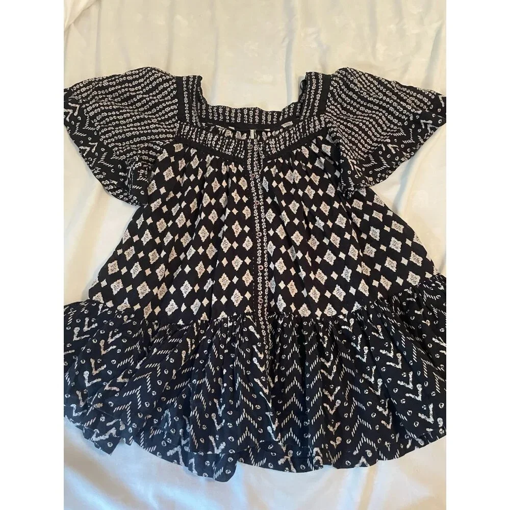 free people top xs Black Babydoll‎ Flutter Sleeve Ruffle Boho Peasant Blouse